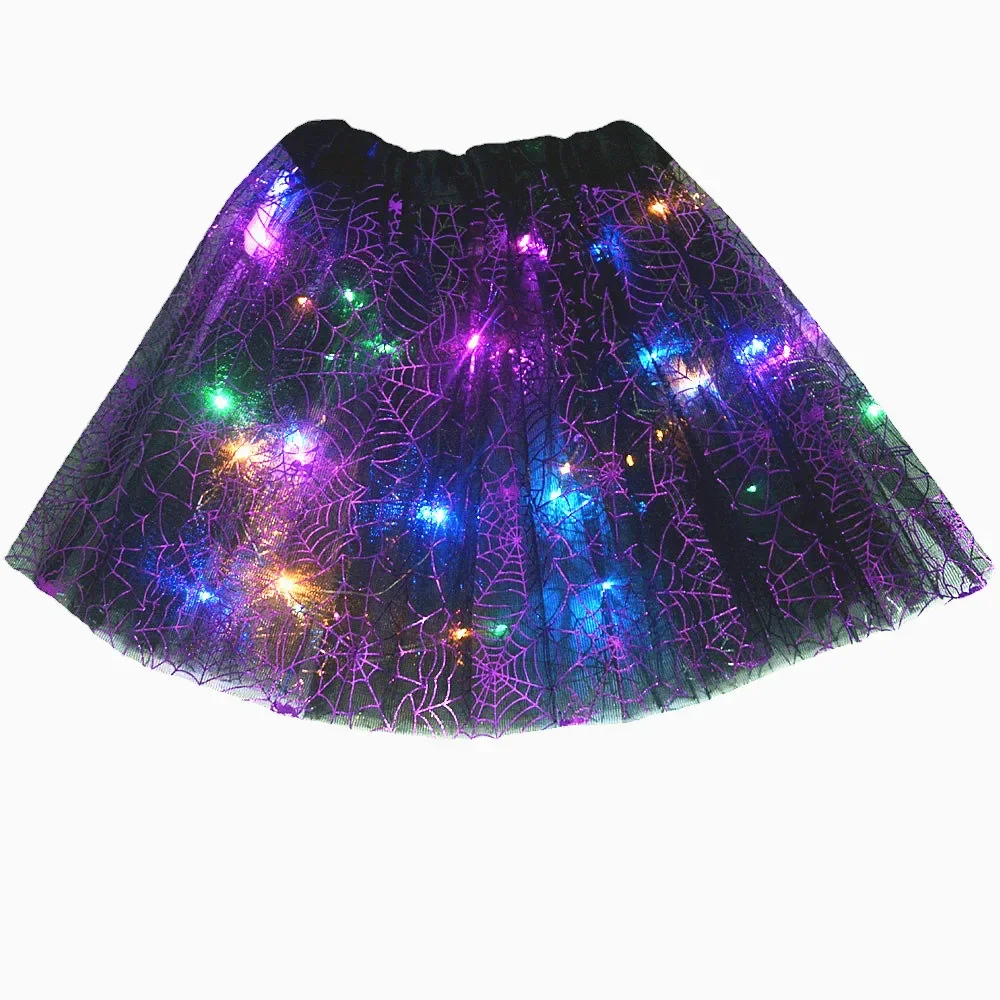 Girls Kids Silvery Purple Golden Horrible Scary LED Glow Tutu Light Up Spider Web Cobweb Skirt Costume Cloak Festival Halloween