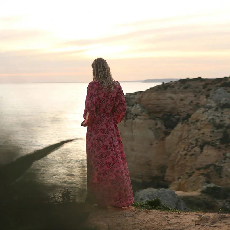 European and American Retro Loose Mid-Length Bohemian Style Printed Kimono Cardigan Summer Beach Vacation Plus Size Cover-Up Bikini Swimsuit Outerwear Tie-Up One-Piece Robe