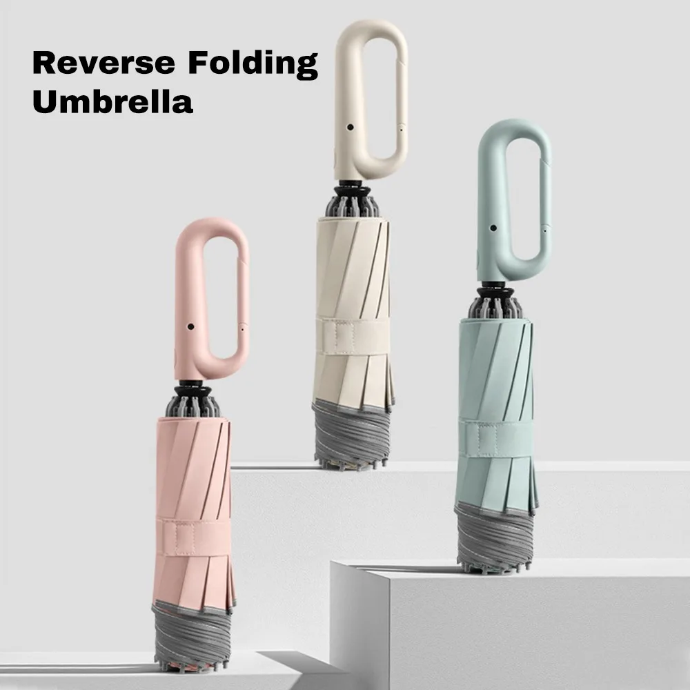 Sturdy 10 Ribs Automatic Folding Umbrella Carabiner Handle Ring Buckle Travel Umbrella Windproof Umbrella For Men