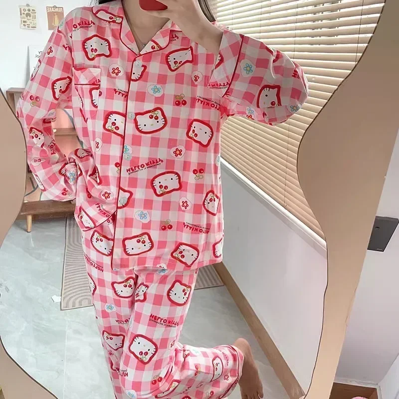 Sanrio hello kitty outono puro algodão novas calças de manga comprida pijamas femininos casuais pijamas de seda conjunto loungewear feminino