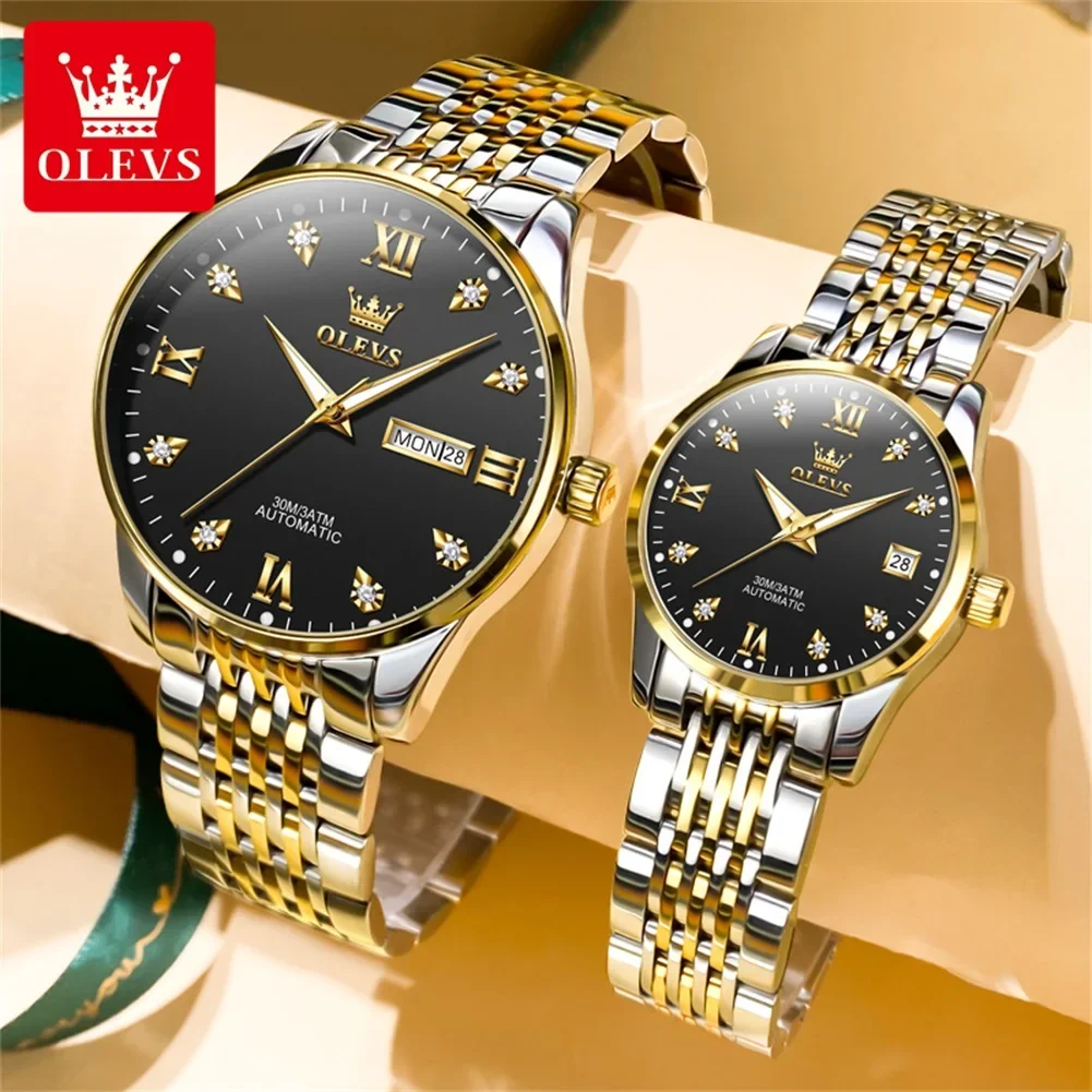 Olevs 6673 Automatische Mechanische Horloges Voor Paar Mannen Vrouwen Horloge Roestvrij Stalen Band Lover 'S Gepaarde Polshorloges Waterdicht