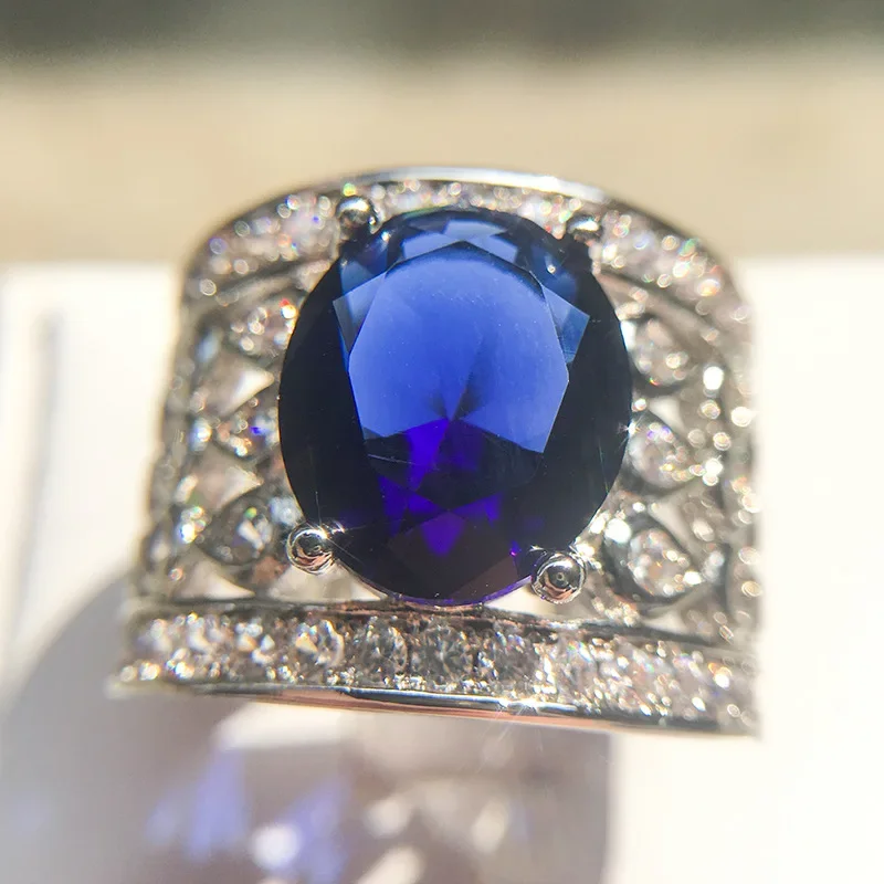 Factory Price Huge Morganite Surface Big Ring With Blue White Crystal Zircon 925 Silver Ring For Women Size 6 7 8 9 10