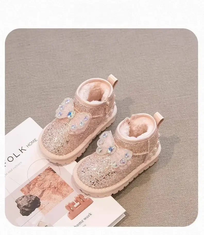 Toddler Girls Winter Snow Boots, Sparkly Sequin Rhinestone Bow Warm Furry Lined Ankle Boots, Anti Slip Kids Boots, Silver Pink