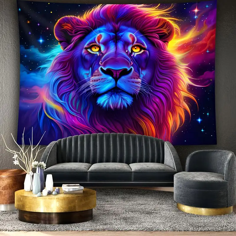 VIKAMA Neon Galaxy Starry Sky Lion Colorful Oil Painting Tapestry Background Living Room Esports Room Atmosphere Room Decor