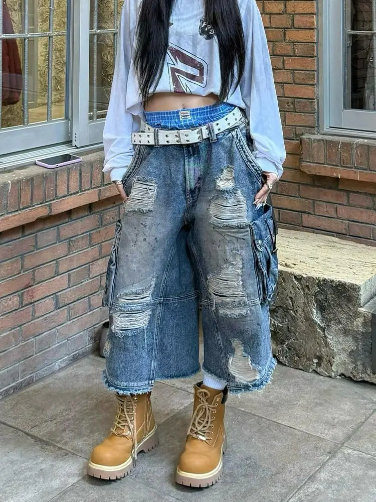 

2025 American Vintage Old Baggy Slim Machete Denim Shorts Female Y2K Harajuku Hot Girl Washed Hole Denim Cropped Pants Tide