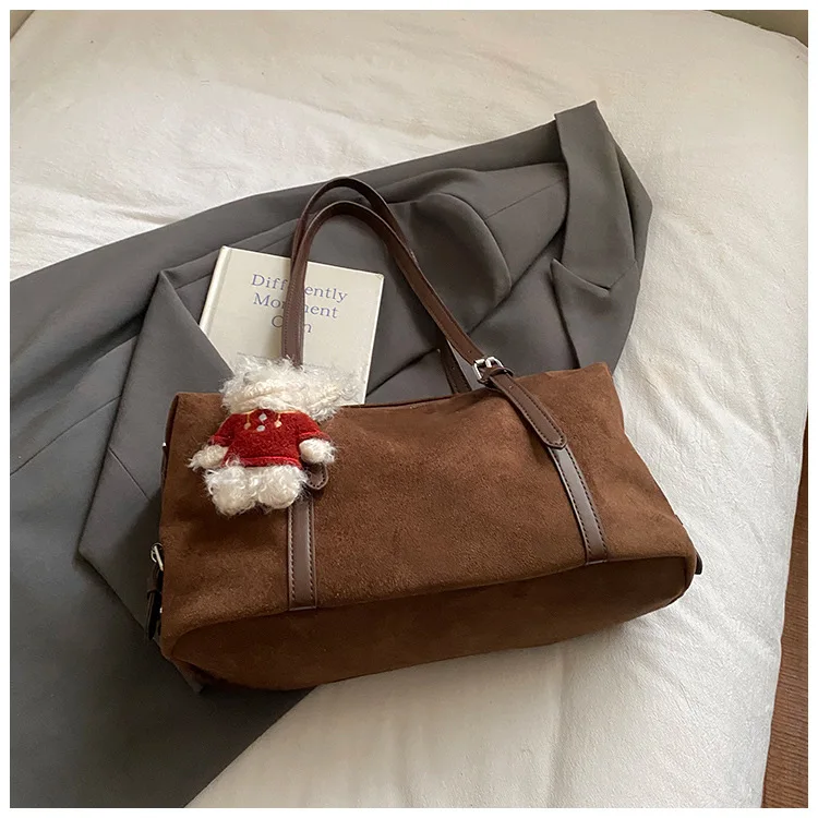 Tote Bag Women PU Retro Suede Large Capacity Shoulder Bag Maillard Style Fall Winter Commuter Underarm Bag