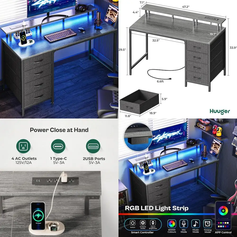47 Inch Gaming and Office Computer Desk with 4 Drawers, LED Lights, Monitor Stand, Power Outlets, Ergonomic Design