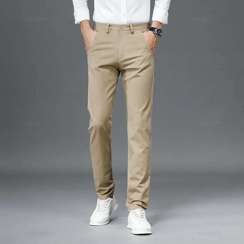 Brand Cotton Casual Pants Men Solid Color Business Fashion Straight Slim Fit Chinos Gray Autumn Winter Trousers Male Z291