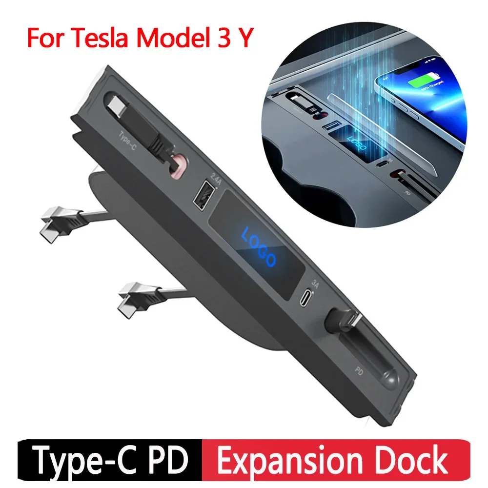 Intelligent HUB Docking Station For Tesla Model 3 Model Y Type-C PD 27W Quick Charger USB Shunt HUB Adapter Expandable DataCable