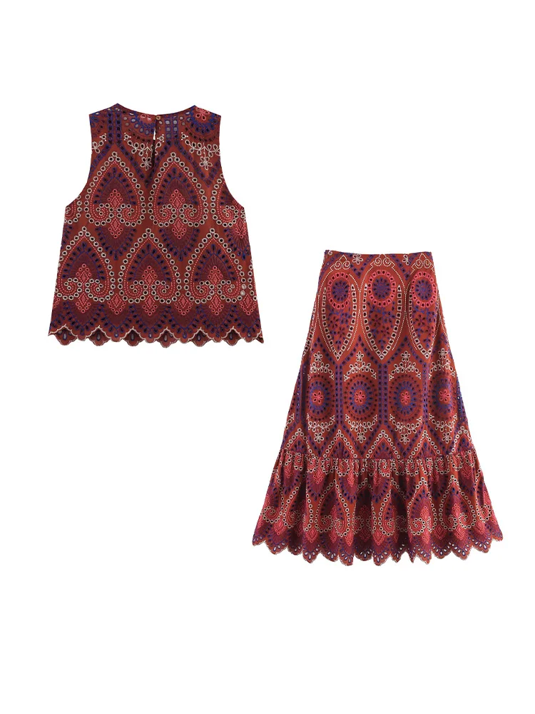 HH Woman Fashion Sleeveless Round Neck Short Tops+Side Zipper Pleated Midi Skirt Casual Hollow Embroidery Spring Two Piece Set