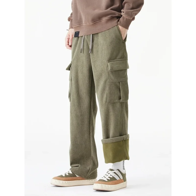 Winter Corduroy Sweatpants Men Multi-Pockets Fleece Liner Knit Cargo Pants Thicken Warm Casual Loose Straight Male Trousers