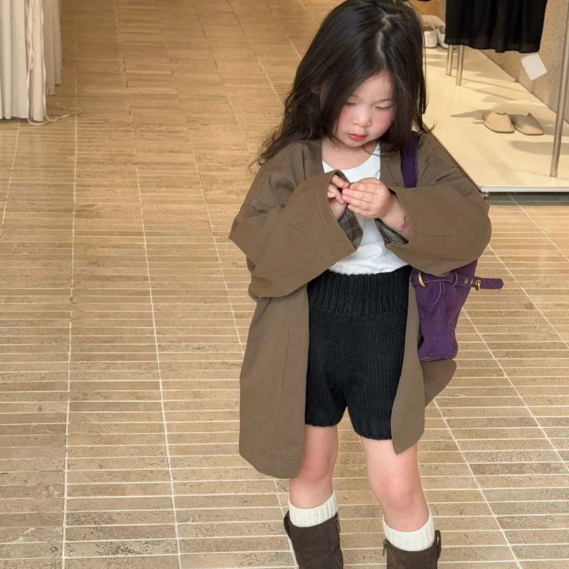Girls' Spring and Autumn New High-Quality Korean Style Casual Mid-Length Round-Neck Solid Color Trench Coat