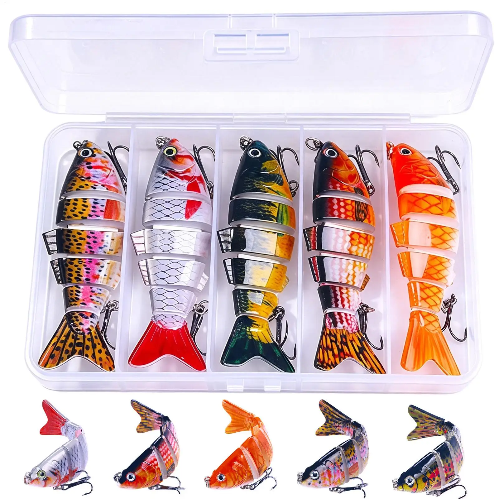 Bass Fishing Lures 5 Pieces 6-Segment 3D Realistic With Storage Swimbait Bass Bait Fishing Lures Kit For Outdoor Saltwater Sea