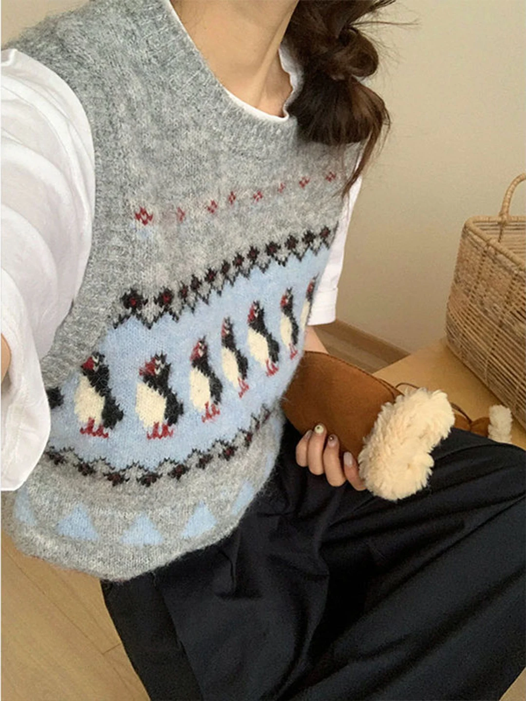 

Вязаный свитер в стиле ретро с рисунком пингвина, жилет, свободный ленивый женский пуловер, вязаный жилет, осень-зима, Новое поступление