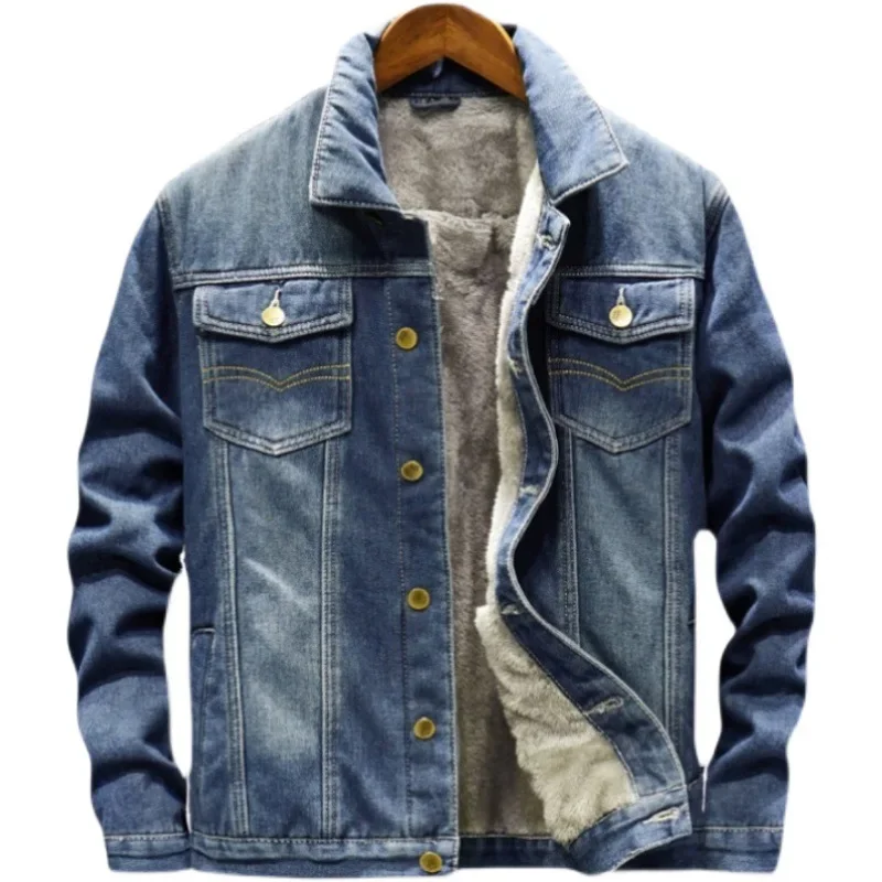 

2025 New Denim Coat Men Thick Jackets Warm Coats Turn Down Collar Full Sleeve Single Breasted Simple Casual Loose Jacket Winter