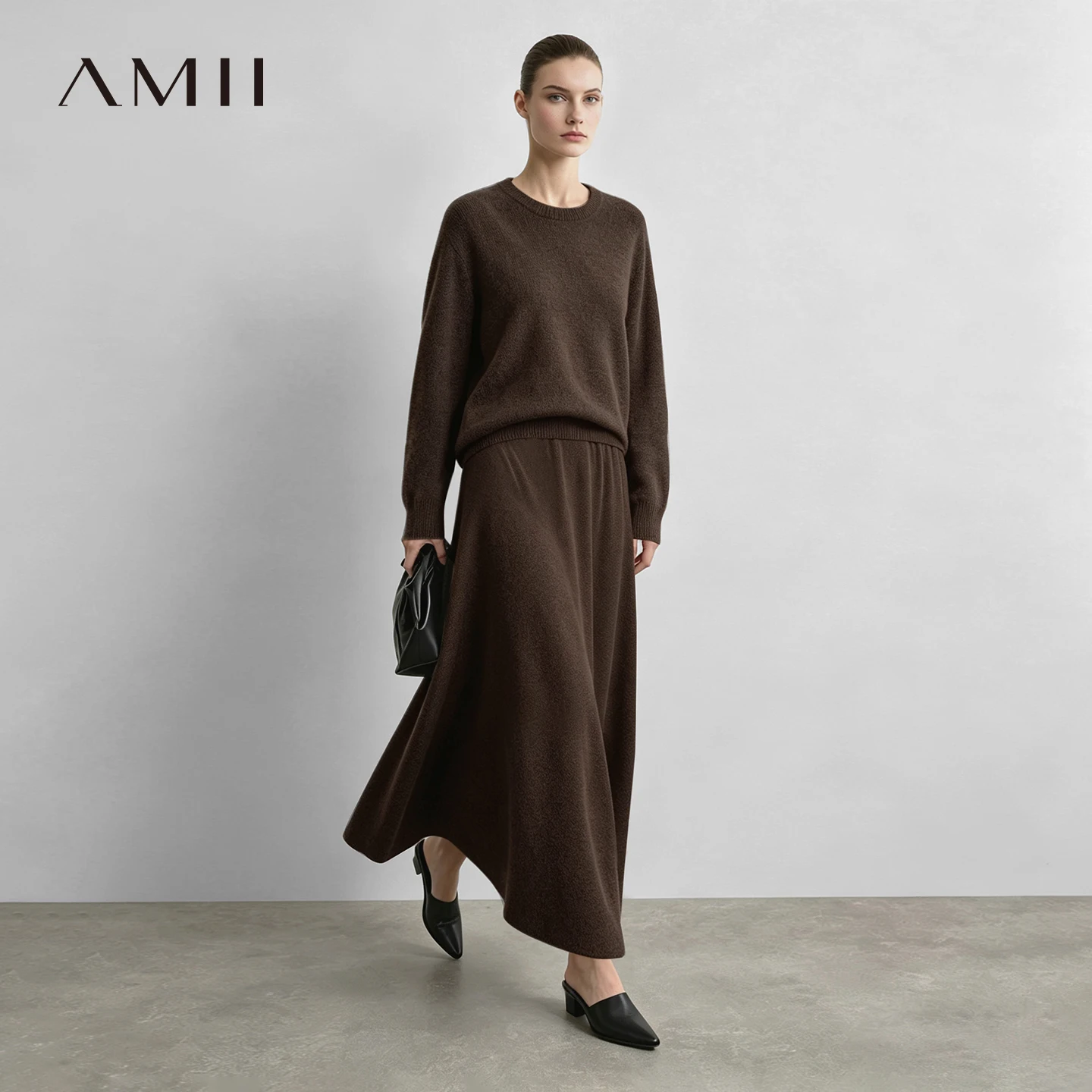 Amii Women's O Neck Wool Sweater A-Line Midi Skirt Matching Set Loose Fit Versatile Commuter Elegant Sweater Separately 12643121