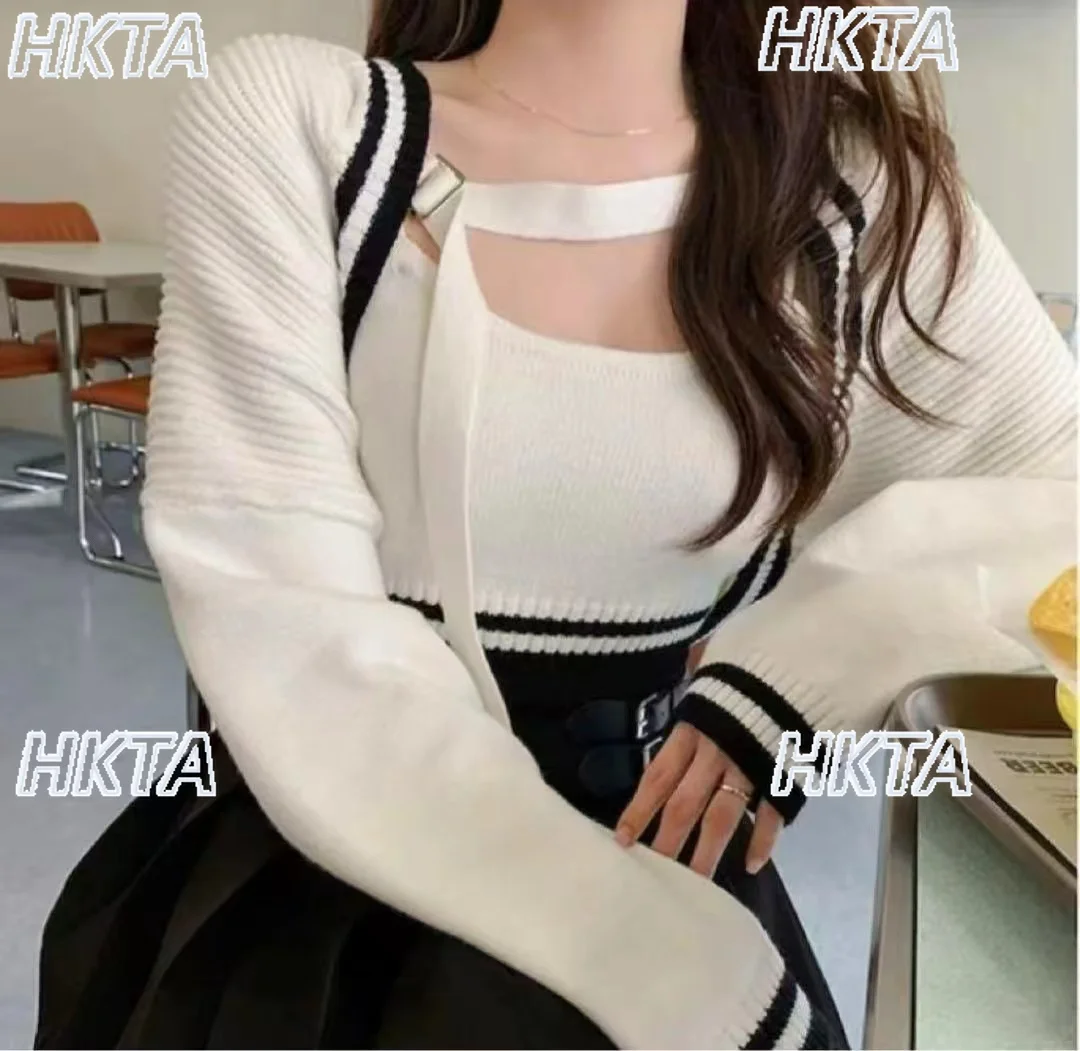 

Japanese Sweet Hot Girl Autumn New Long Sleeve Knitted Short Cardigan Jacket White Suspender Vest Sweater Two Piece Set Women