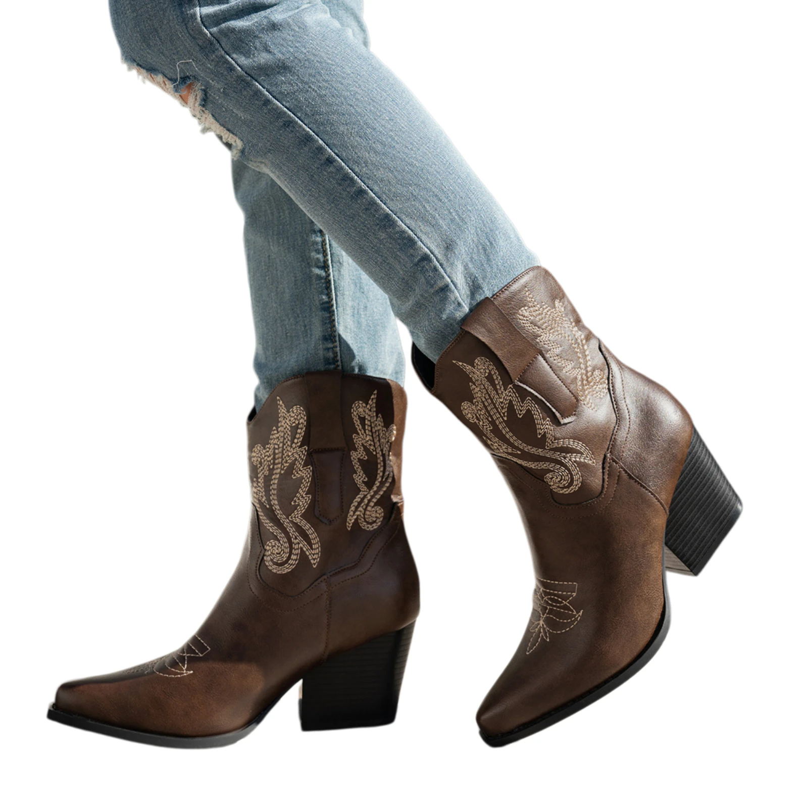 VintageWestern Cowboy Ankle Boots For Women Embroidered Snip Pointed Block Heel Mid Calf Booties Halloween CarnivalCosplay Boots
