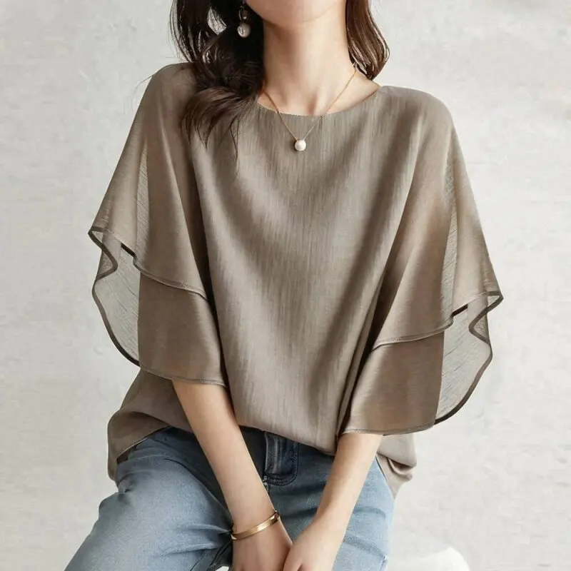 Casual Loose Summer New Style Short Sleeve Batwing Shirt round Neck Slimming Effectiveness Silk Blend Cotton Linen Blend T-Shirt