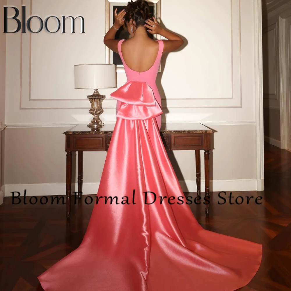 Bloom Customized Solid Color Crystal Sequined Solid Color Backless Bow Sweep Train A-Line Ankle Length Dresses Formal Occasions