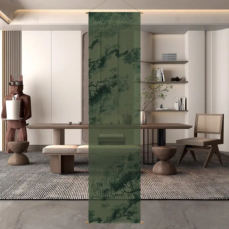  Japanese Zen Garden Hanging Room Divider | Semi Transparent Noren Curtain with Temples & Pines | Wabi-Sabi Home Decor