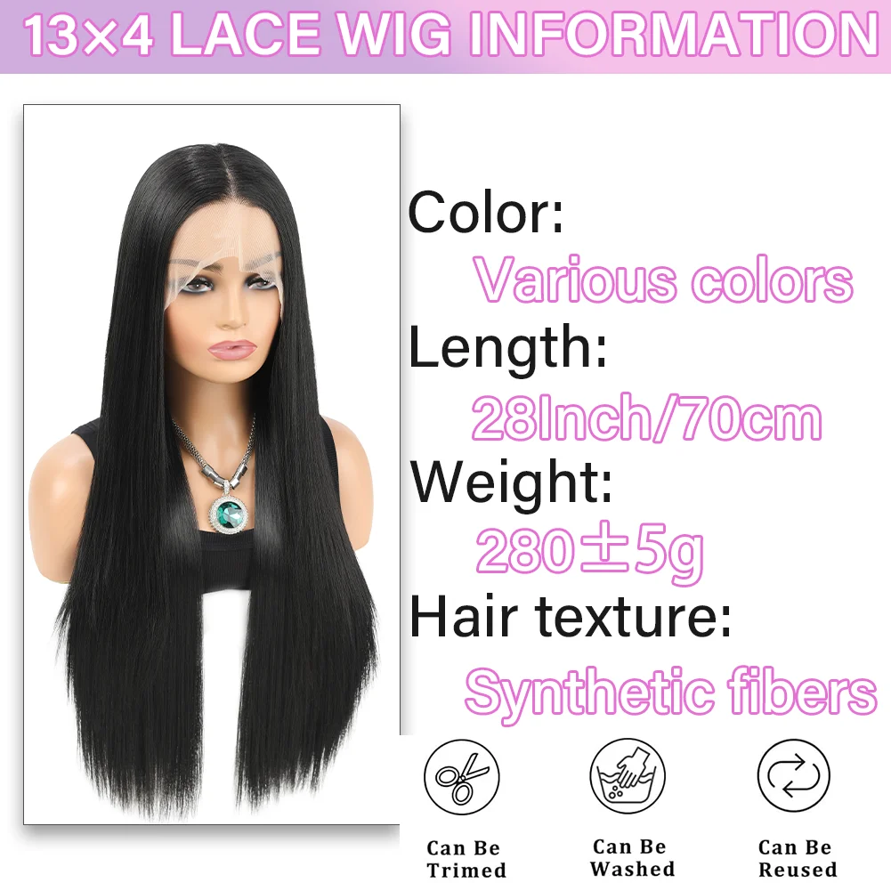 13 x 4 transparente Lace-Front-Perücke, lang, gerade, hitzebeständig, synthetische Perücke, 71,1 cm, vorgezupft, natürlicher Haaransatz
