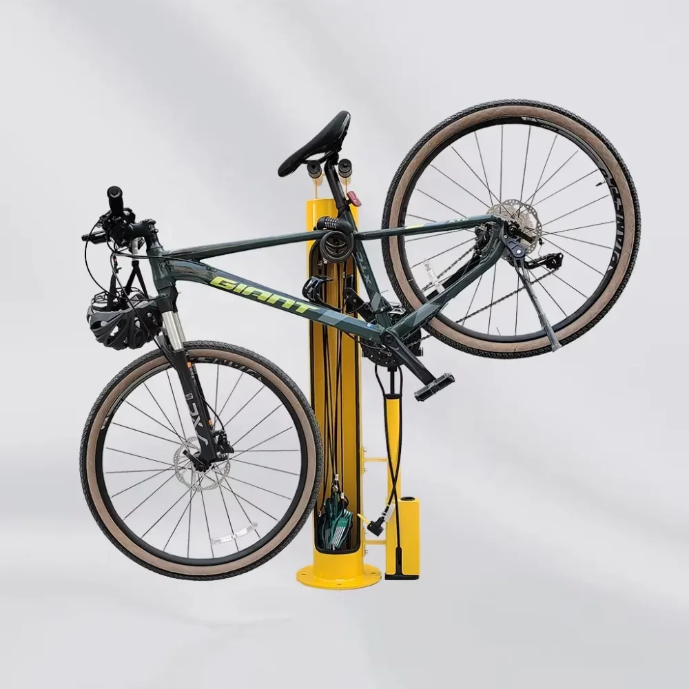 2025 Newly upgraded outdoor public fixed public pump workbench bicycle repair station with meters and tools