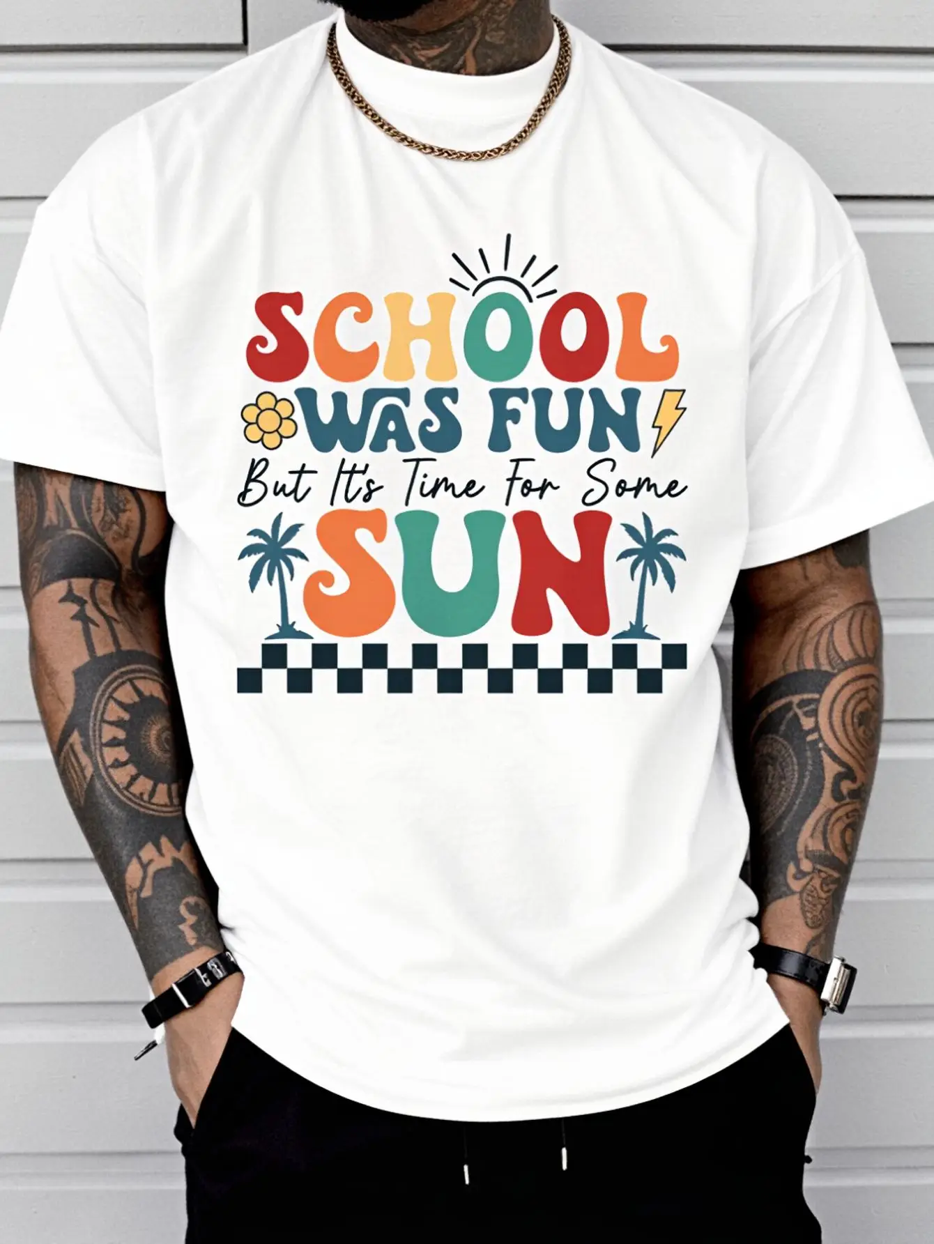 Retro School Was Fun But It's Time For Some Sun Teacher T-Shirt Print T-Shirt Casual Crew Neck Short Sleeve Comfort Tee Top For Spring & Summer Men's Clothing Vintage Shirts Graphic Tees Men Camisas Para Hombre Funny Shirts Printed & Shipped In USA