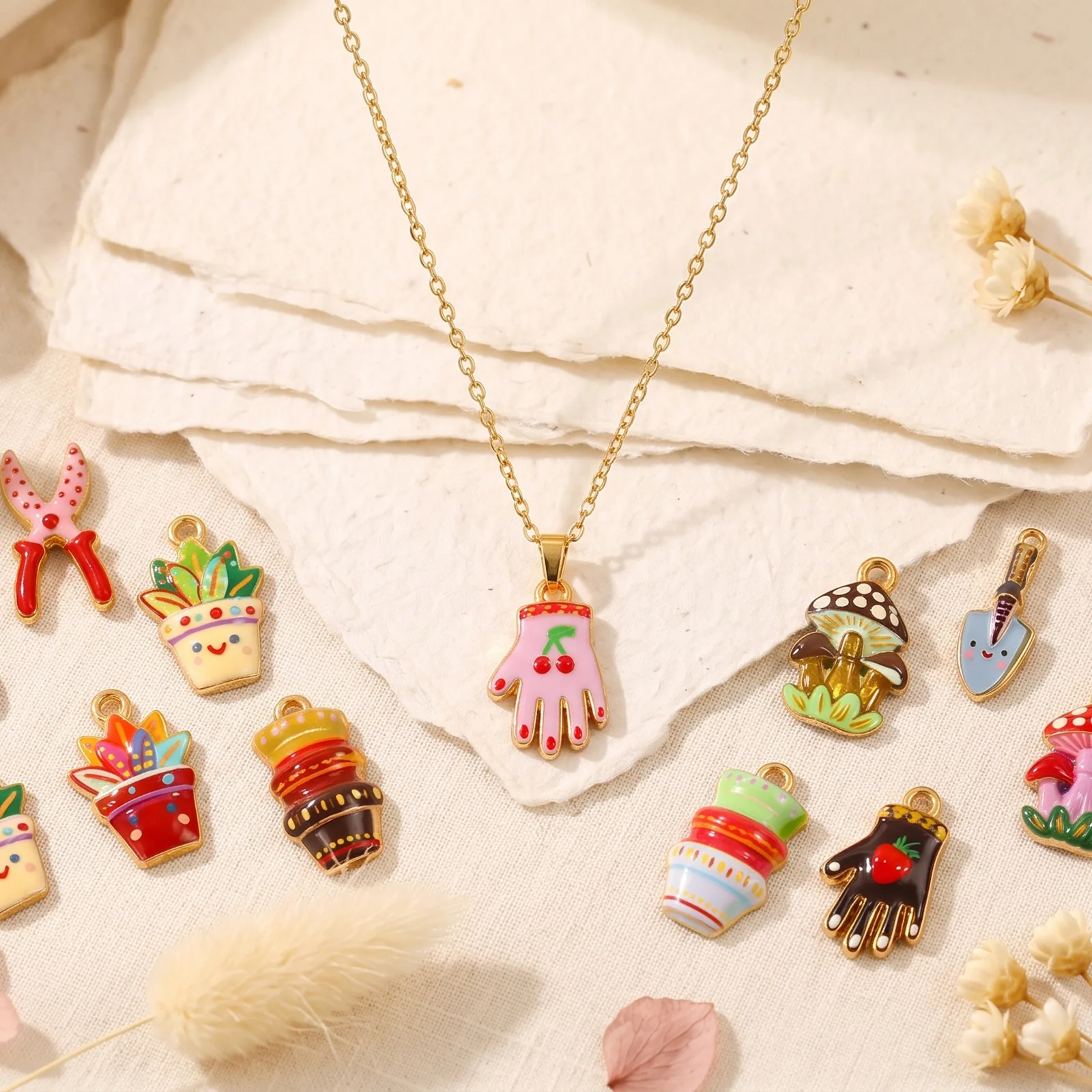 2 Stück Handschuhe, Scheren, Schaufeln, Pilze, Charms, 304 Edelstahl, 18K vergoldet, bedruckte Anhänger, DIY Halskettenherstellung, Großhandel – Detail 5