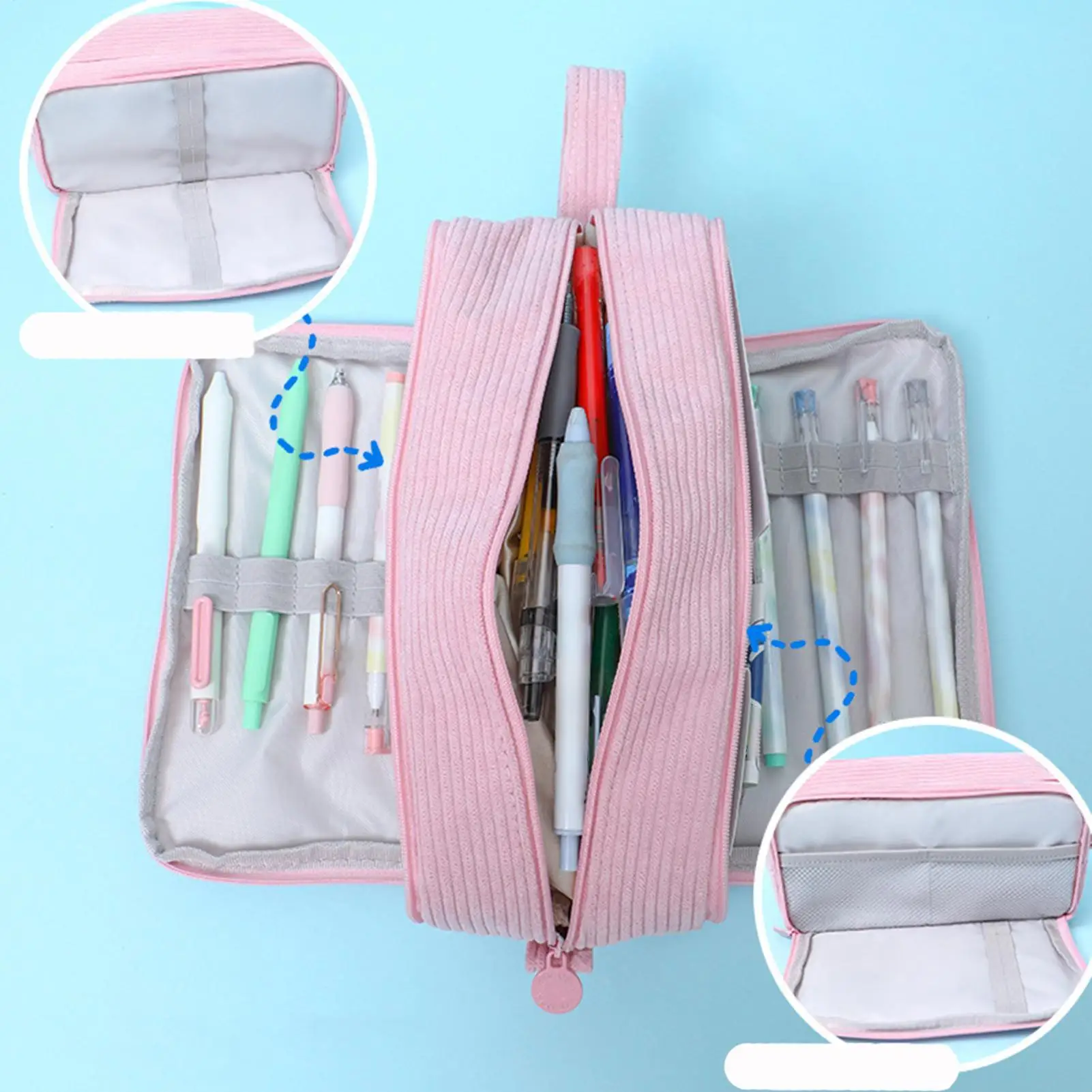 Corduroy Large Capacity Pencil Case Multi-Compartment Opening Pen Case Stationery Storage Organizer For Marker Makeup Students