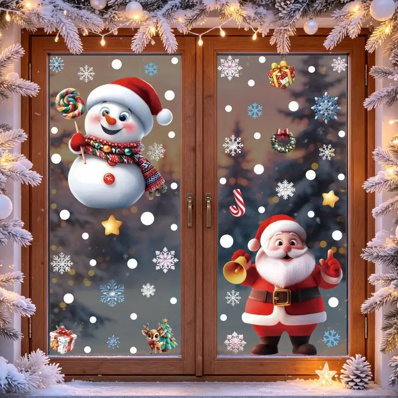 1/2 Pcs Christmas Window Clings With Snowman Santa Snowflake Patterns Removable For Xmas Holiday Party Window Decorations