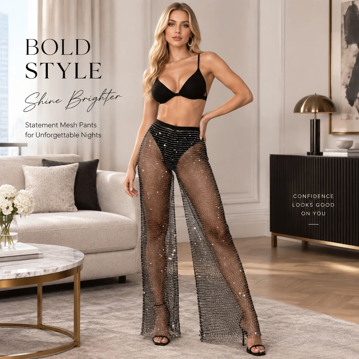Damen-Mesh-Hose mit weitem Bein, Strass-Verzierung, hohe Taille, schmale Passform, transparente Hose, zum Überziehen über Jeans für Halloween-Party, Weihnachten, Nachtclub – Detail 3