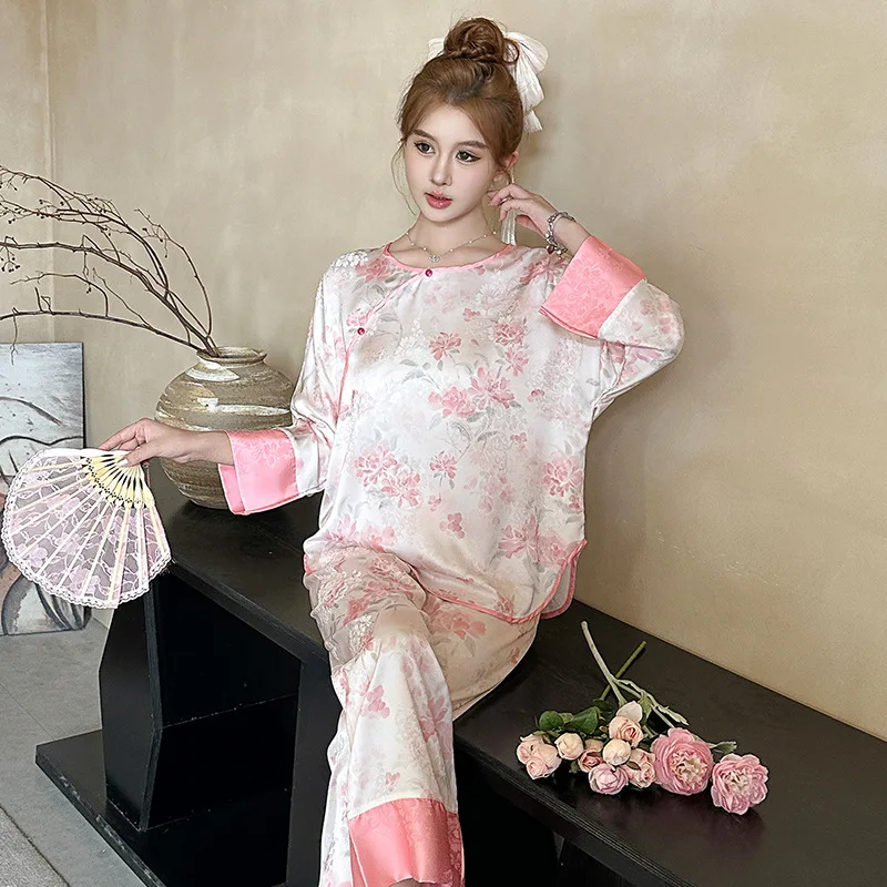 New Chinese-style High-end Round-neck Pajamas for Women 2026 Spring New Fashion Ice Silk Long-sleeved Home Wear Two-piece Set
