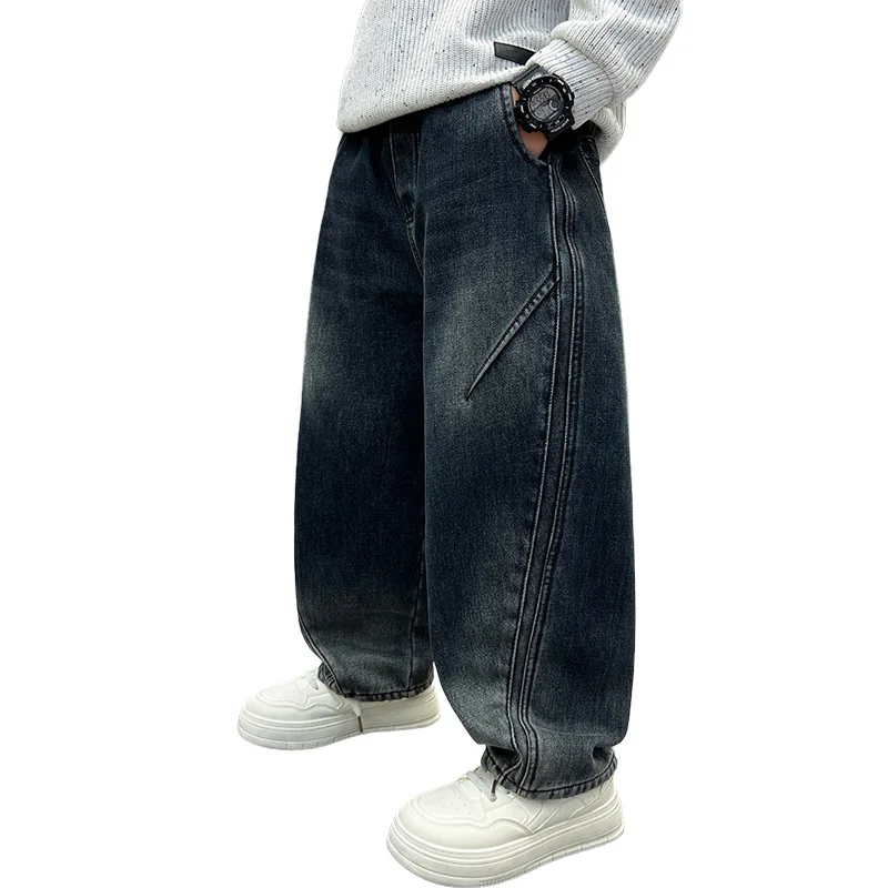 الأولاد الخريف الشتاء الجينز الأطفال صوف مبطن سميكة الدافئة مستقيم الساق السراويل إلكتروني طباعة المراهقين الاطفال الحرارية الدنيم السراويل