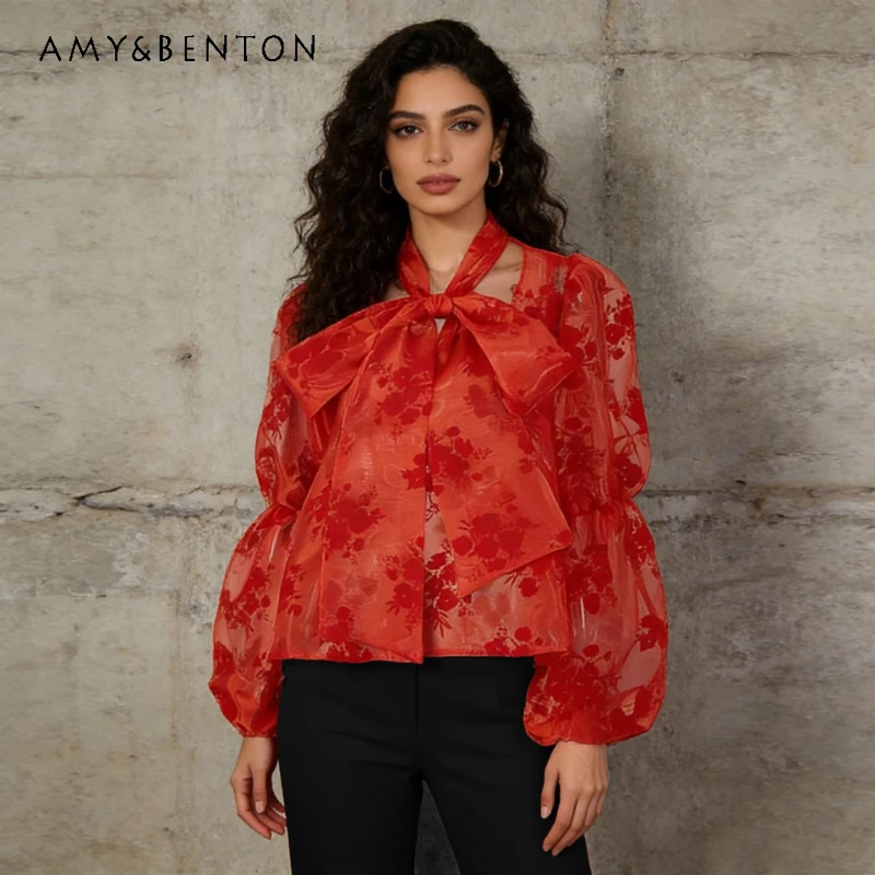 

French Retro Style Design Bow Lace-up Women's Blouse 2026 Spring Summer New Red Flocked Lantern Sleeve Loose Shirts Top Ladies