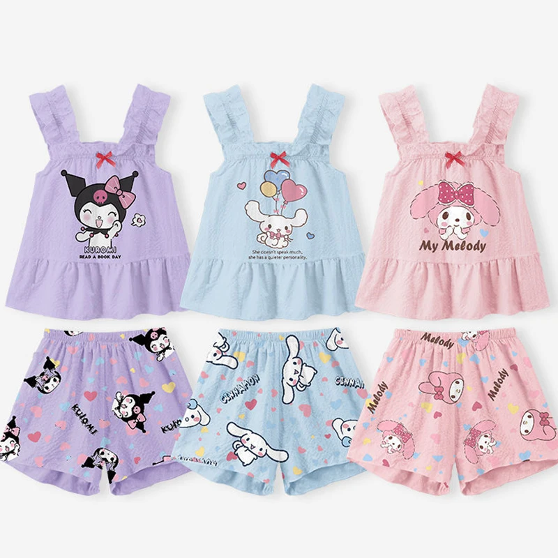 

Пижама Sanrio для девочек, жилет на бретелях, с бантом, с принтом, для маленьких принцесс, детский летний тонкий домашний комплект одежды без рукавов для отдыха