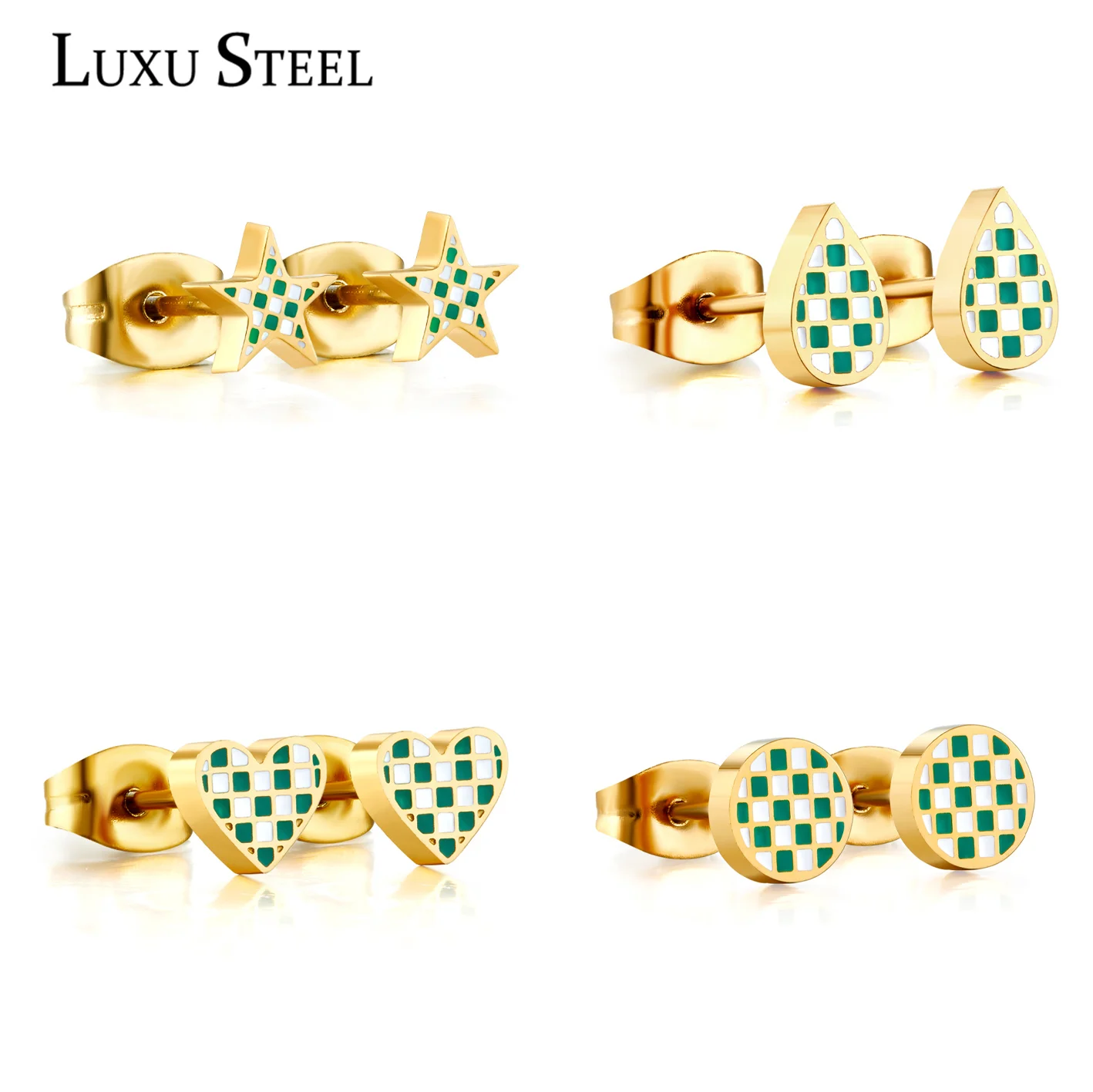 LUXUSTEEL Green White Lattice Earrings Stainless Steel Star Heart Drop Water Round Shape Stud Earrings For Woman Vintage Jewelry