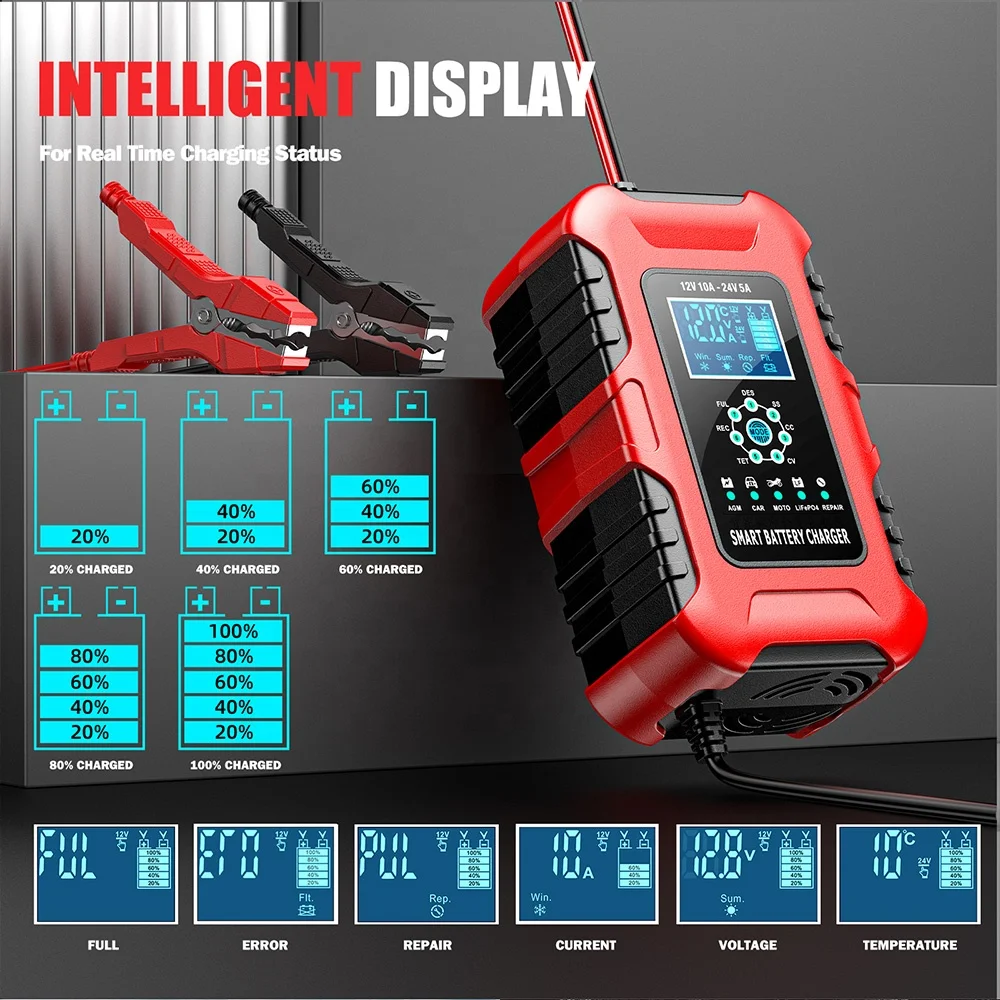 12V 24V Battery Charger Car Battery Charger 7 Charging Level LCD Display Pulse Repair Lead Acid Battery Charger