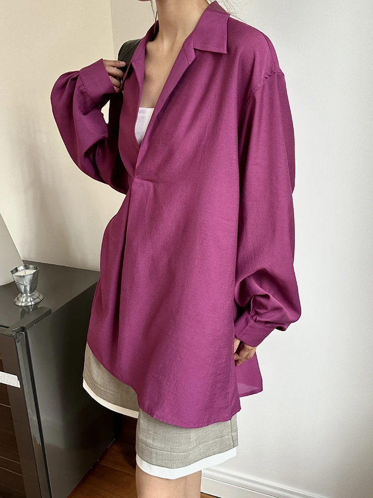 [EAM] Women Purple Perspective Big Size Thin Blouse New V-Neck Long Sleeve Shirt Fashion Tide Spring Autumn 2024 1DH5617