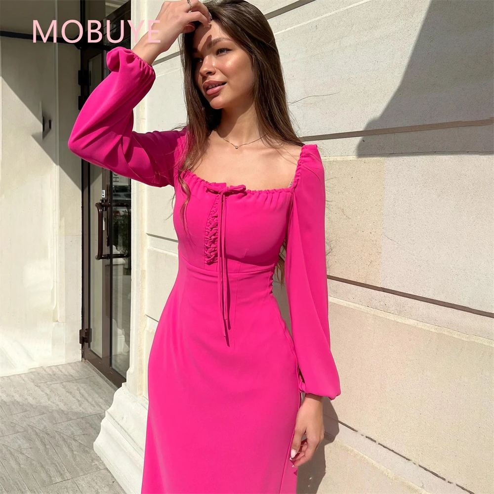 

MOBUYE 2024 Arab Dubai Square Neckline Prom Dress Full Sleeves With Ankle Length Evening Fashion Elegant Party Dress For Women