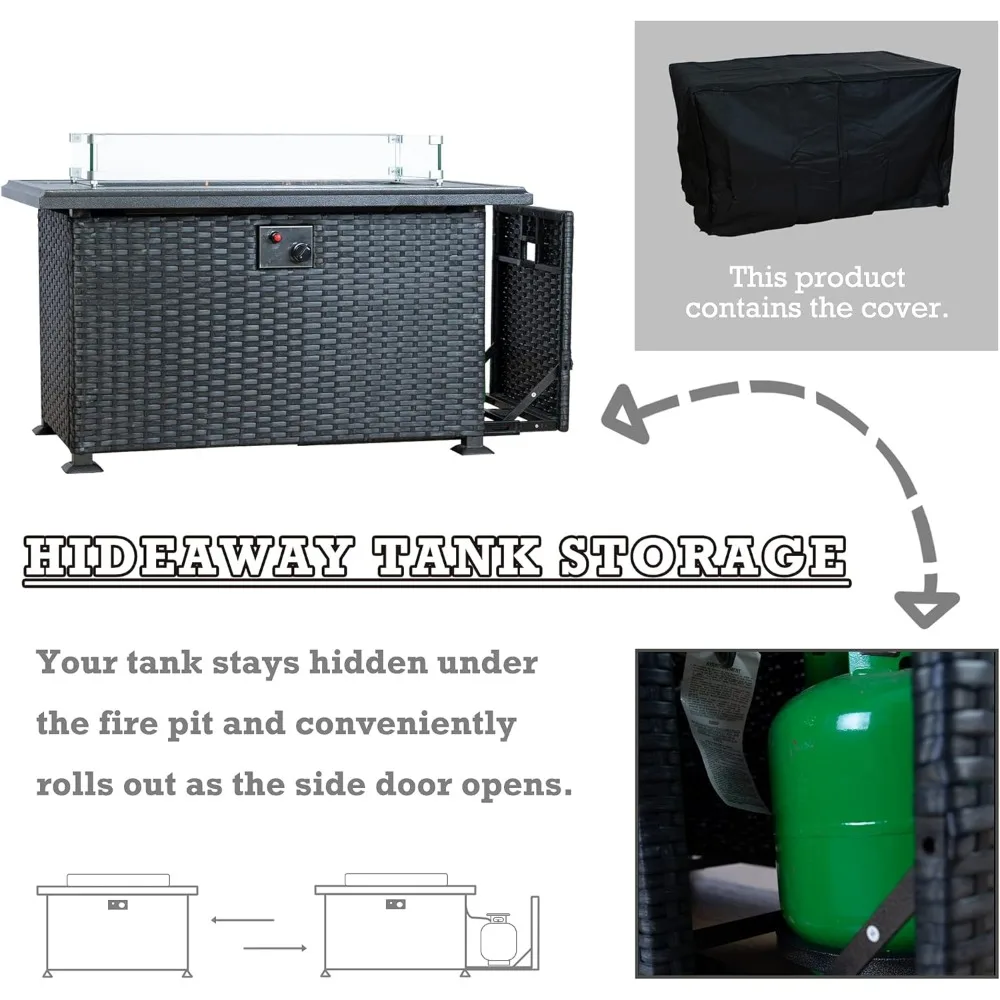 Propane Gas Fire Pit Table with Aluminum Tabletop and Glass Wind Guard, Clear Glass Rocks, and Slide Out Tank Holder, Fire Table