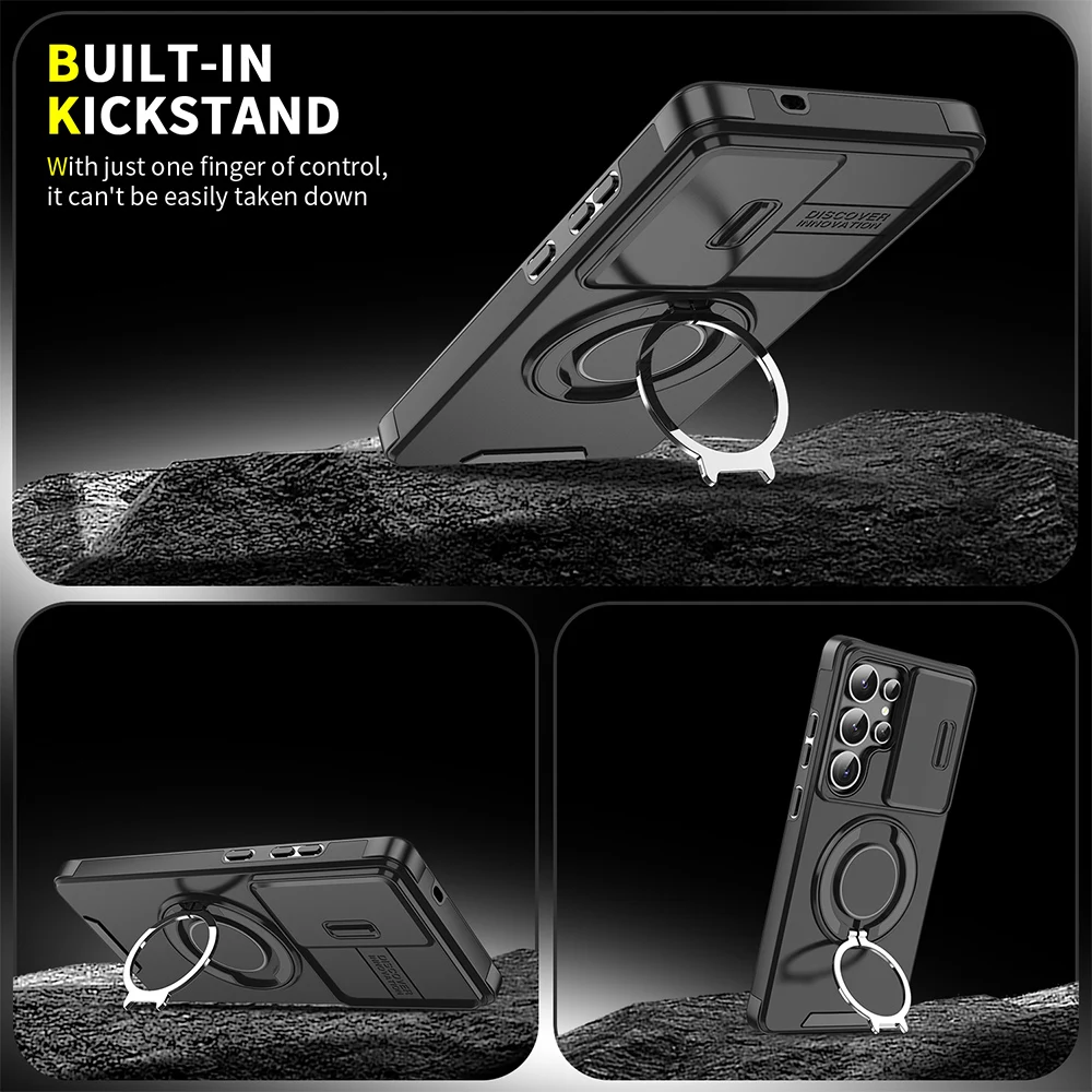 Magnetic Ring Stand Case for Samsung Galaxy S25 S24 Ultra Plus FE Edge A35 A13 360°Rotatable Kickstand With Sliding Camera Cover