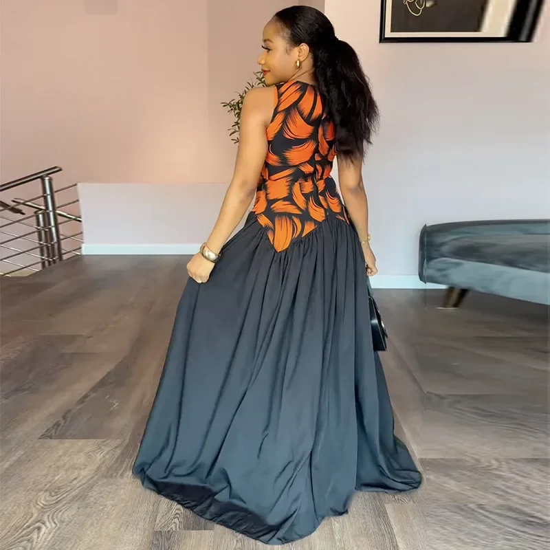 المرأة طباعة حمالة أكمام أنيقة ماكسي فستان طويل الصيف عطلة عيد ميلاد مثير حفلة طويلة ماكسي فساتين وتتسابق