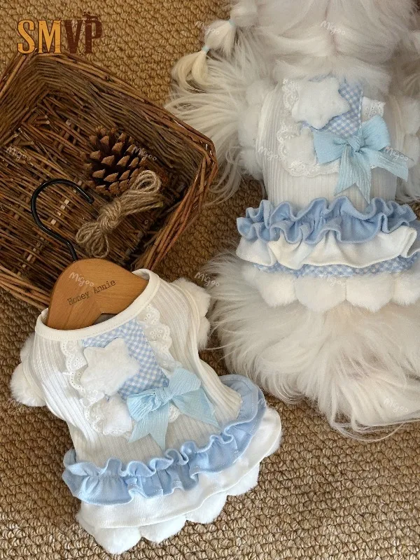 Sweet Blue Gingham Star Pet Home Dress Lace Bow Ruffle Hem Lightweight Sleeveless Vest Cute Puppy Kitten Spring Summer Outfit