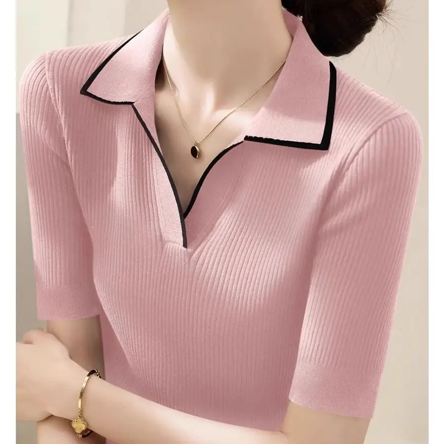 Summer New Patchwork Polo Neck Knit T-Shirt Women's Shirts Golf Shirt Loose Black Base Ladies Tops Thee Shirt Femme Pink Green