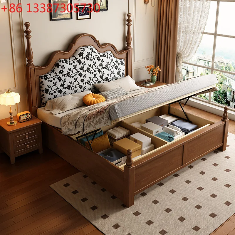 

Кровать из цельного дерева во французском стиле ретро, американское проживание в семье, двуспальная кровать в средневековом простом художественном стиле