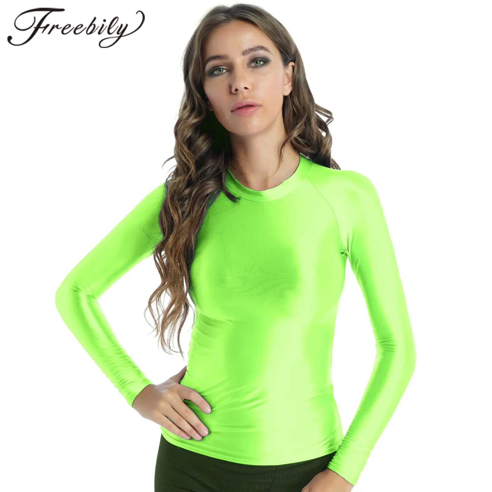 

Women Yoga Runing TShirts Sportwear Fashion Shiny T-shirts Long Sleeve Tights Slim Tee Glossy Tops for Rave Party Dance Wear