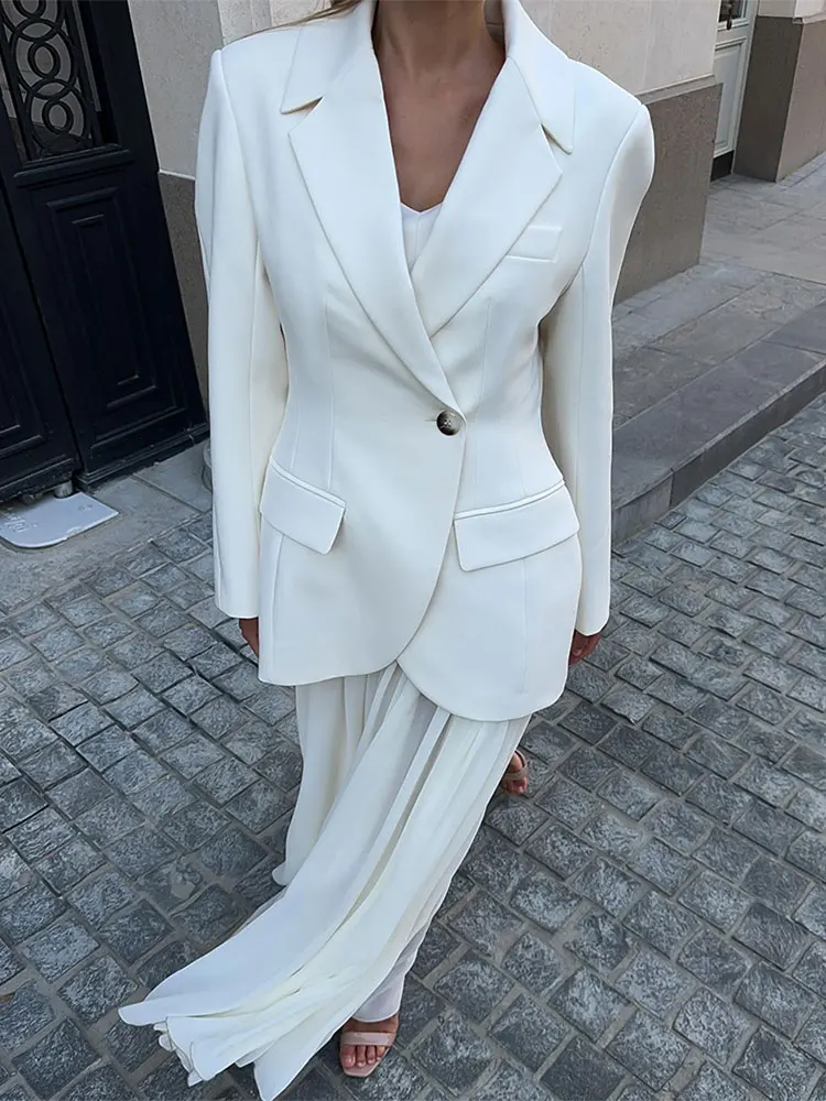 Autumn New White Elegant Office Blazer Coat Women Casual Lapel Long Sleeve Single Breasted Shoulder Pads Female 2024 Lady Jacket