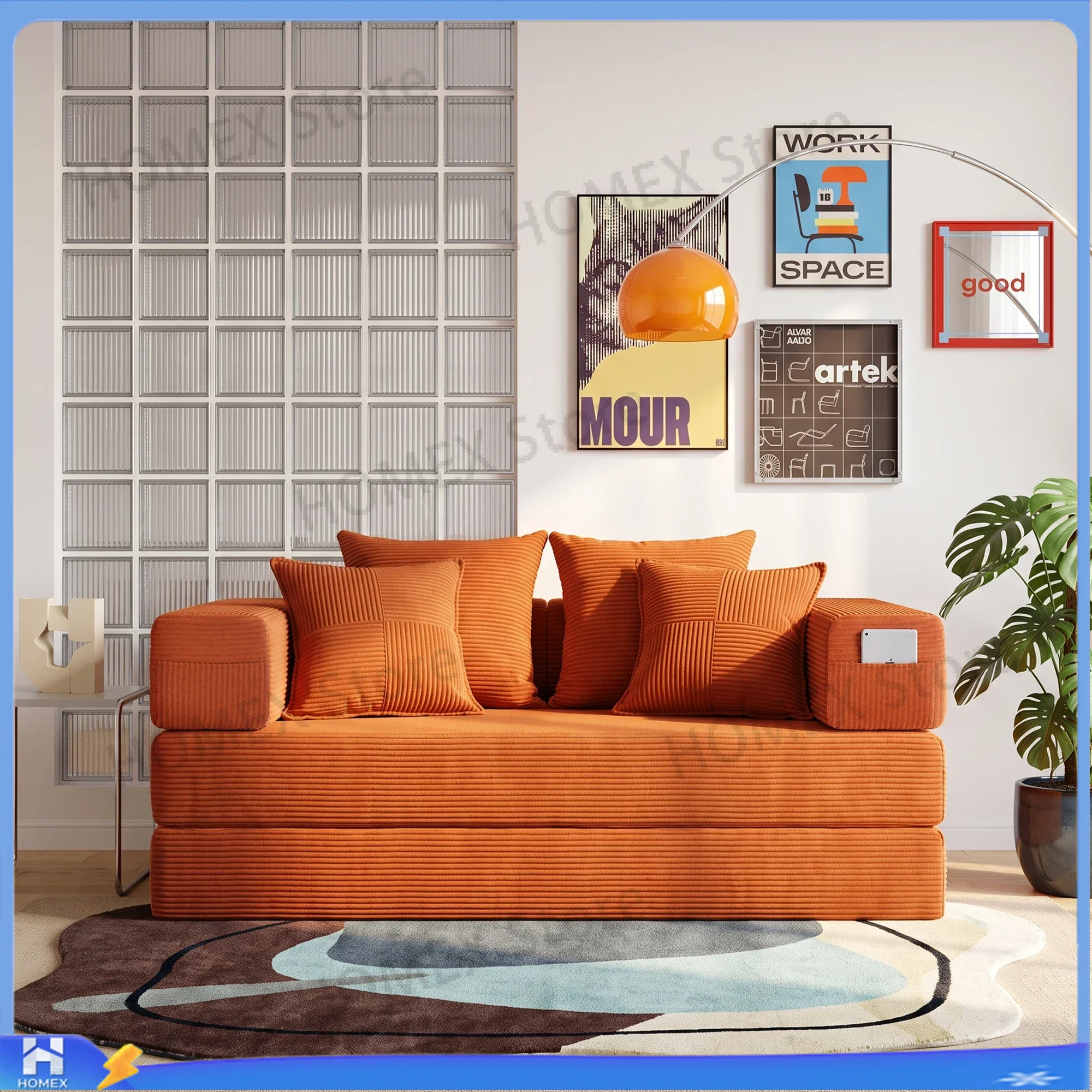 Convertible Foldable Sofa Bed 200cm Wide XXL Four Throw Pillows No Assembly Lazy Modular Floor Sofa, 3‑Seater Guest Bed Non