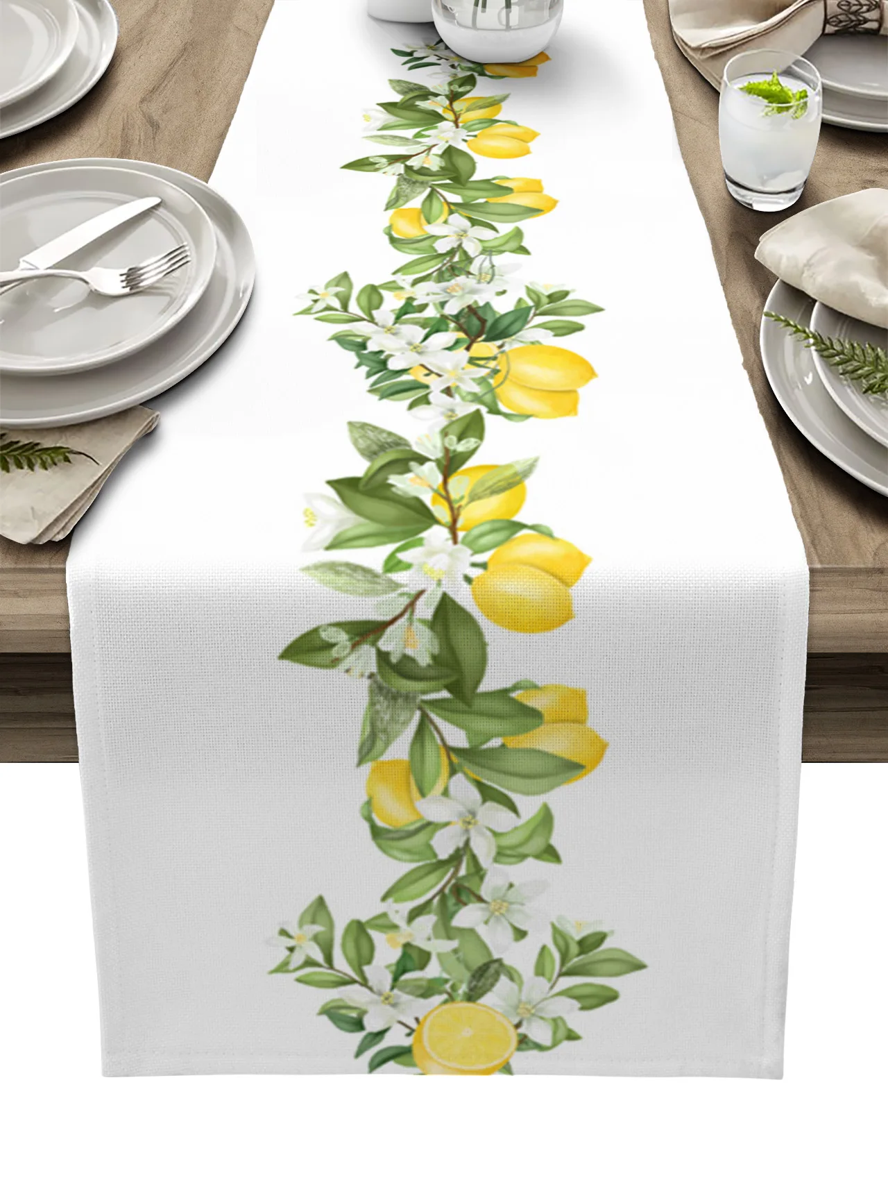 

Summer Lemon Leaves Flowers Linen Table Runner Kitchen Table Decoration Farmhouse Dining Table Cloth Wedding Party Decor